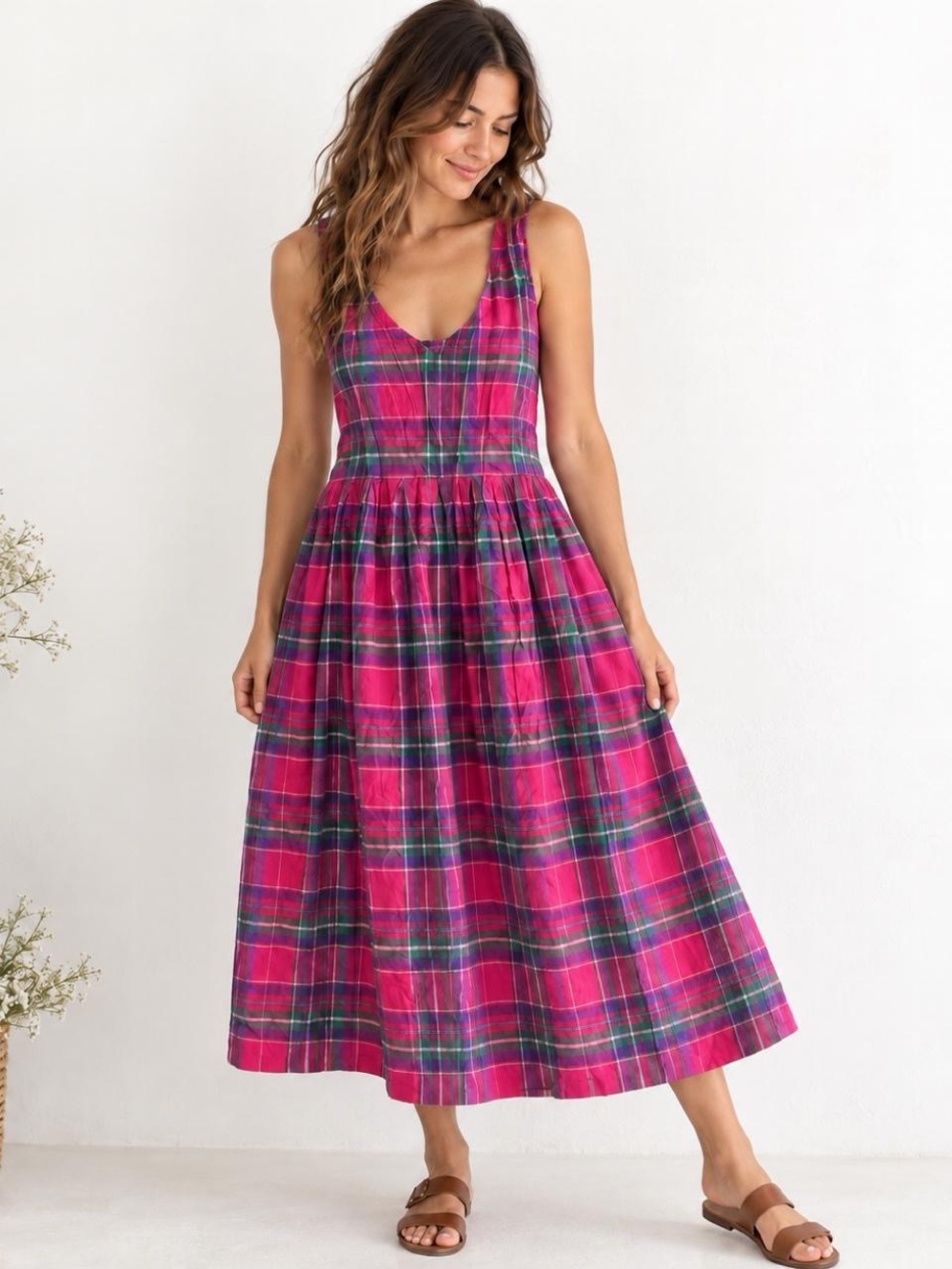 Vintage Cottagecore Pink Tartan Plaid Lagenlook sleeveless maxi colorful dress
